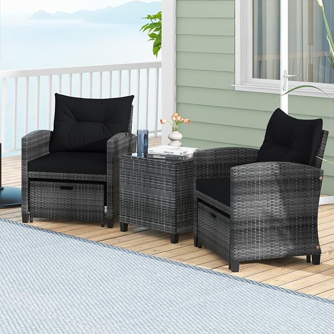 KOTEK 5 Pieces Patio Furniture Set with Ottomans, Wicker Patio Conversation Set with Coffee Table & Cushions, PE Rattan Outdoor Lounge Chairs for Backyard, Porch, Poolside (Mix Grey- Black)