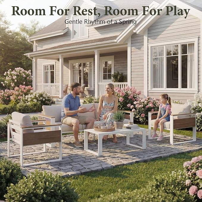 Aluminum Outdoor Patio Furniture Set, 5 Seats Outdoor Patio Sectional with 5" Plush Olefin Cushions & Sleek Design, All-Weather Conversation Sets for Backyard, Deck, Poolside