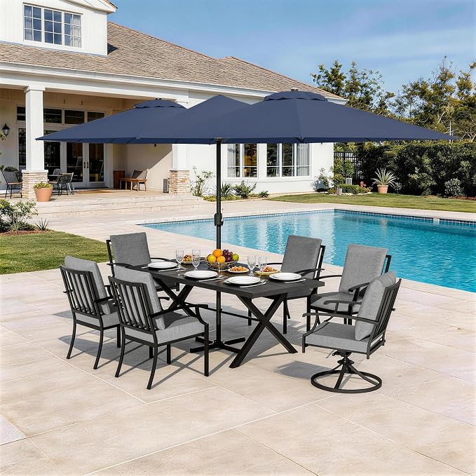 Patio Dining Set for 8 with 13.6ft Double-Sided Patio Umbrella,Outdoor Dining Set of 4 Metal Chairs and 2 Swivel Chairs with Umbrella Hole Table for Backyard,Garden,and Poolside(Grey)