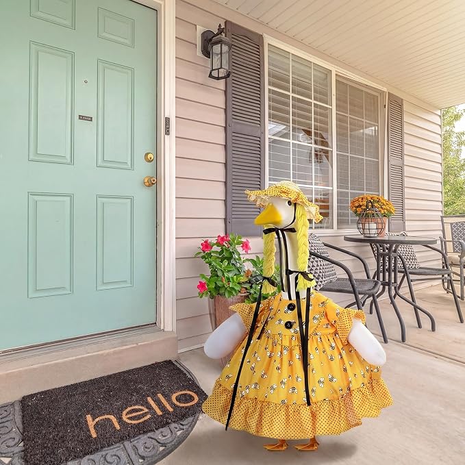 Spring Summer Yellow Bee Porch Goose Outfit for 23'' Goose Clothes Yellow Skirt with Hat for Spring Summer Outdoor Garden Yard Patio Lawn Decor(Bee)