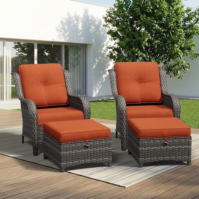 4 Piece Outdoor Wicker Patio Furniture Set, Patio Chairs Set with Thickened Olefin Cushions, High Back and Deep Seating, Hand-Woven PE Rattan, Ottoman for Porch, Deck, Orange