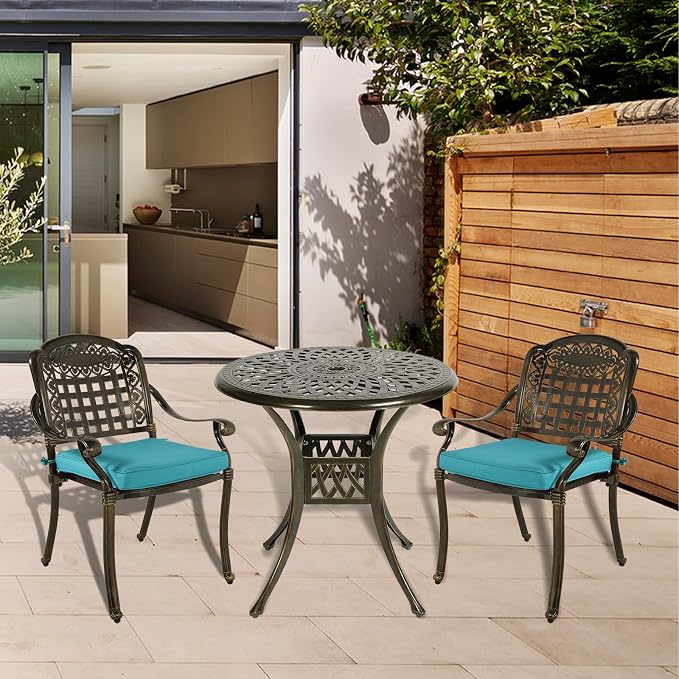 MEETWARM 3 Piece Patio Bistro Set, Outdoor All-Weather Cast Aluminum Dining Furniture Set Includes 2 Chairs with Cushions and a 31” Round Table with Umbrella Hole for Garden Deck, Ocean Blue