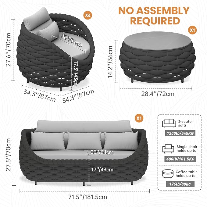 Aluminum Woven Rope Patio Furniture Set: 6 Pieces Assembled Outdoor Conversation Sofa Set for 7 - Modern Metal Couch Set Cushioned - All Weather Porch Seating for Deck Garden Lanai Hotel Resort
