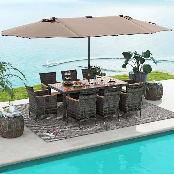 Tangkula 11 Pieces Patio Dining Set with 15 ft Double-Sided Patio LED Umbrella (Base Included), Outdoor Rattan Furniture Set with 8 Armchairs, 1 Rectangular Acacia Wood Dining Table (Tan)
