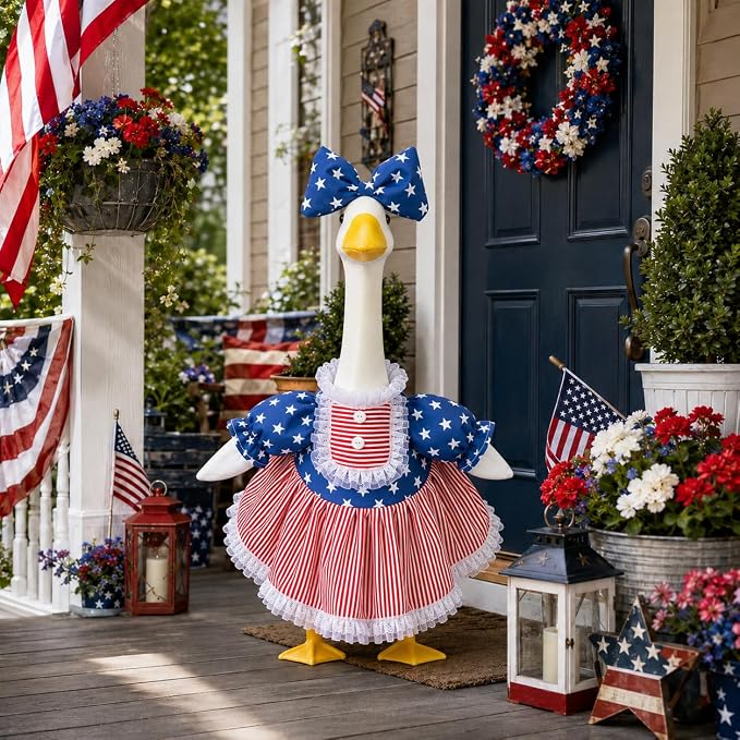 4th of July Porch Goose Outfits for 23 Inch Goose Statue, Patriotic Red White and Blue Porch Goose Dress with Star Bow, Summer Sculpture Clothes for Independence Day Garden Patio Decor