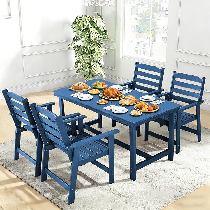 FUNBERRY Outdoor Dining Table, HDPE 6-Person Patio Table with Umbrella Hole | Wood-Grain, HDPE All Weather, No Rot or Rust or Crack, UV Fade Shield, 220LBS Weight Capacity, Easy-Clean for Outside