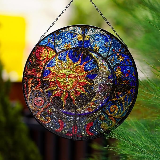 Hanging Stained Glass for Windows,20cm/7.87inch Sun and Moon Hand-Painted Sun Catcher Garden Hangings Christmas Mother's Day, Valentine's Day Ornaments Festival Gift