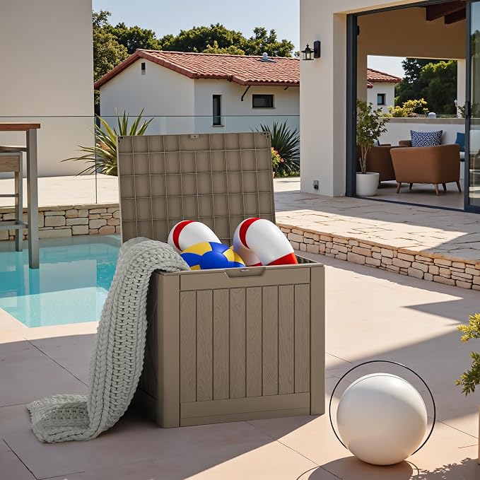 JUMMICO 42 Gallon Deck Box Waterproof, Resin Outdoor Storage Box with Side Handles, Outdoor Storage Benches Lockable for Patio Cushions and Garden Tools (Light Brown)