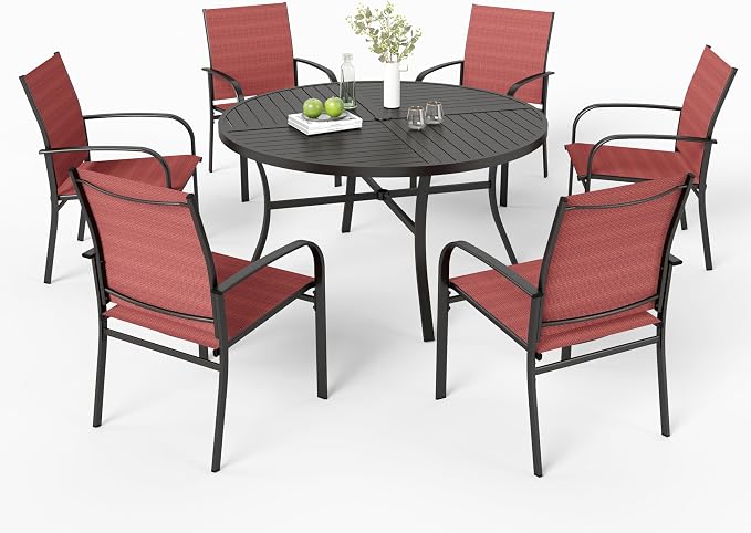 MIXPATIO 7 Pieces Outdoor Table and Chairs, Patio Dining Set for 6 Includes 54" Round Outdoor Table and 6 Patio Chair Set, Outdoor Dining Furniture Set for Lawn Backyard Deck, Red