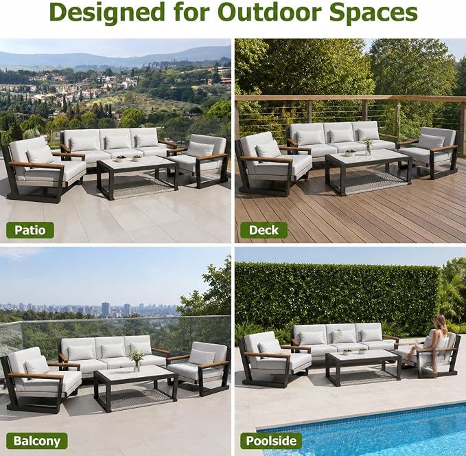 Aluminum Patio Furniture Set 5 Seats, Oversized Outdoor Sectional with Washable Thick Cushions, Coffee Table and Waterproof Cover, Patio Conversation Sets for Porch, Balcony, Deck Grey