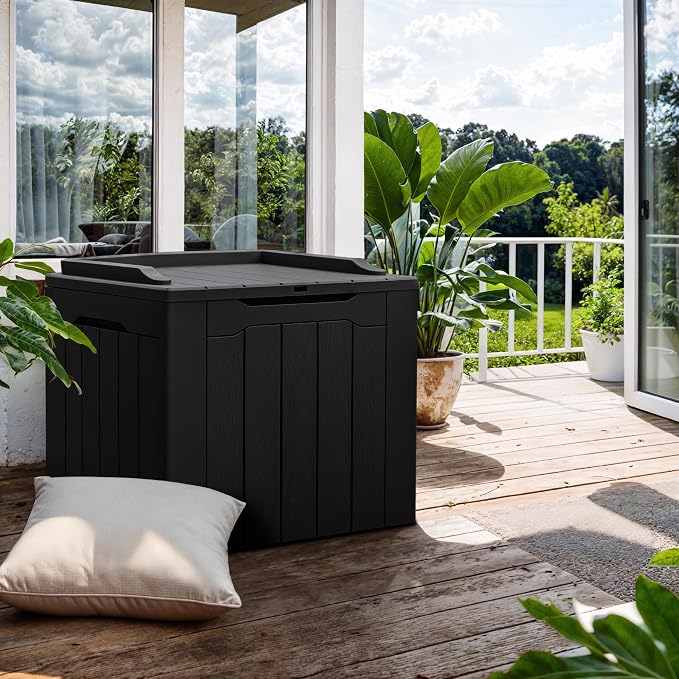 GUNJI 30 Gallon Small Deck Box Outdoor Waterproof Resin Storage Box Lockable Storage Container Outside Package Delivery Box (Black)