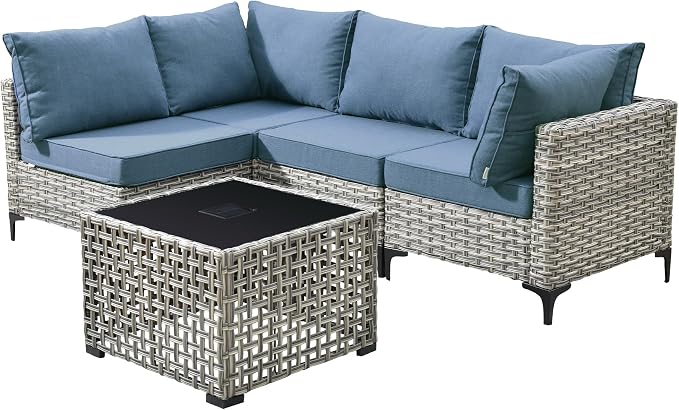 Outdoor Patio Furniture Sets,5 PCS Patio Conversation Set Outside Rattan Sectional Sofa with Coffee Table Fit Backyard Porch Garden Poolside Balcony