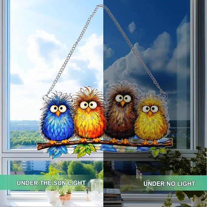 Stained Glass Window Hanging - Funny Fluffy Birds Suncatcher for Windows Doors Home Decor, Colorful Crazy Birds on Branch Sun Catcher Gift for Women Mom Nana Bird Lovers Christmas Mother's Day 7.8 in