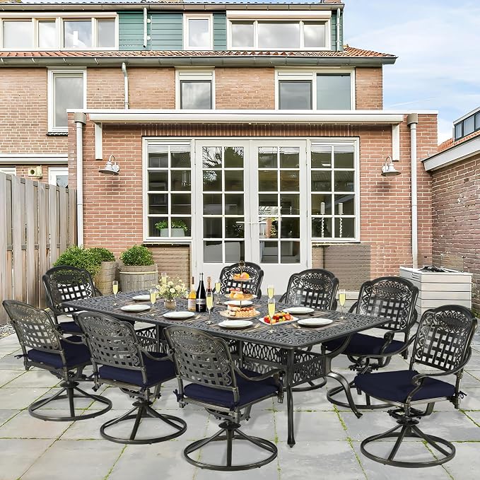 9-Piece Patio Cast Aluminum Dining Set, Outdoor Table and Chairs Set for 8, Includes 94.5" Rectangular Dining Table and 8 Swivel Rocker Chairs with Umbrella Hole for Lawn Garden, Navy Blue