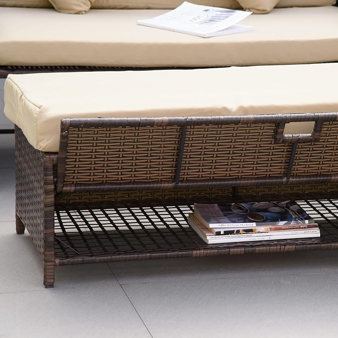 Outsunny Patio Rattan Daybed with Cushions, Wicker Outdoor Bed Lounger w/Loveseat, Storage Ottoman, Coffee & Side Tables, for Poolside, Porch, Backyard, Beige