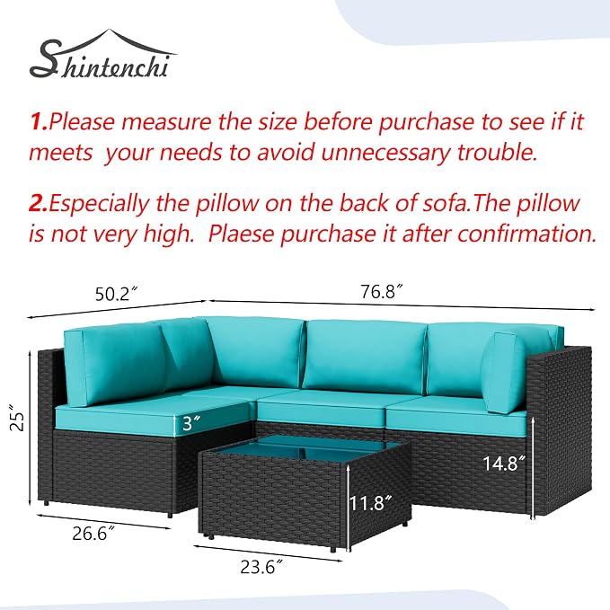 Patio Furniture Sets, 5 Piece Outdoor Sectional Sofas, Wicker Rattan Outdoor Furniture Patio Conversation Set, All-Weather PE Rattan Outdoor Couch for Backyard, Garden, Black & Blue
