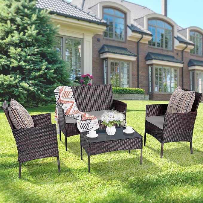 Patio Furniture Set 4 Pieces, Outdoor Rattan Furniture with Tempered Glass Coffee Table, Modern Rattan Patio Chairs Conversation Sets with Sofa for Garden, Terrace, Porch, Lawns Brown/Grey