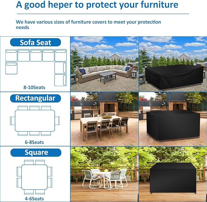 Wanocean Patio Furniture Covers Waterproof, Outdoor Furniture Cover with Storage Bag, Outdoor Table and Chair Cover for Rain, UV, Snow and Dust(98" L x 98" W x 35" H)