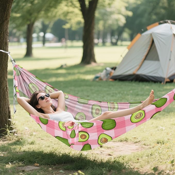 Camping Hammock Outdoor Hammocks for Outside Avocado Pink Checkered Beach Trees Portable Lightweight with Pockets Tree Straps Indoor