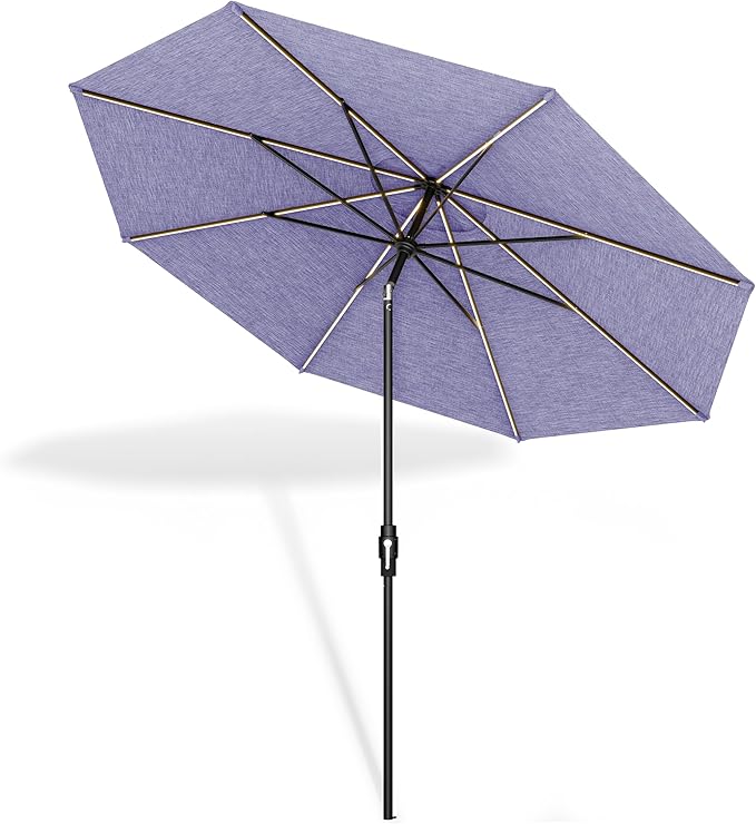 Midtown Umbrellas The LED Swilt 9 Feet Patio Umbrella With Terylast Purple Texture Polyester Fabric - Auto-Tilt Aluminum Frame With LED Lights For Backyard, Deck, Garden, Pool - Black Pole