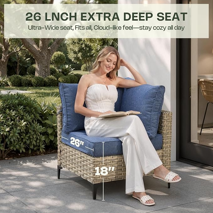 5 Piece Outdoor Sectional Patio Furniture Set with Solar Lighted Coffee Table, Modular Wicker Conversation Set with Flexible L-Shaped Layout for Porch Balcony Backyard, Denim Blue