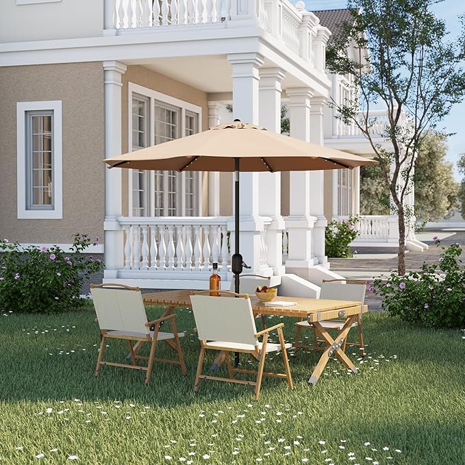 10 Ft Patio Umbrella With Solar Lights - Outdoor Table Umbrella With 40 LED Lights, Tilt Crank, 8 Ribs Market Umbrella for Pool, Deck, Backyard, Tan
