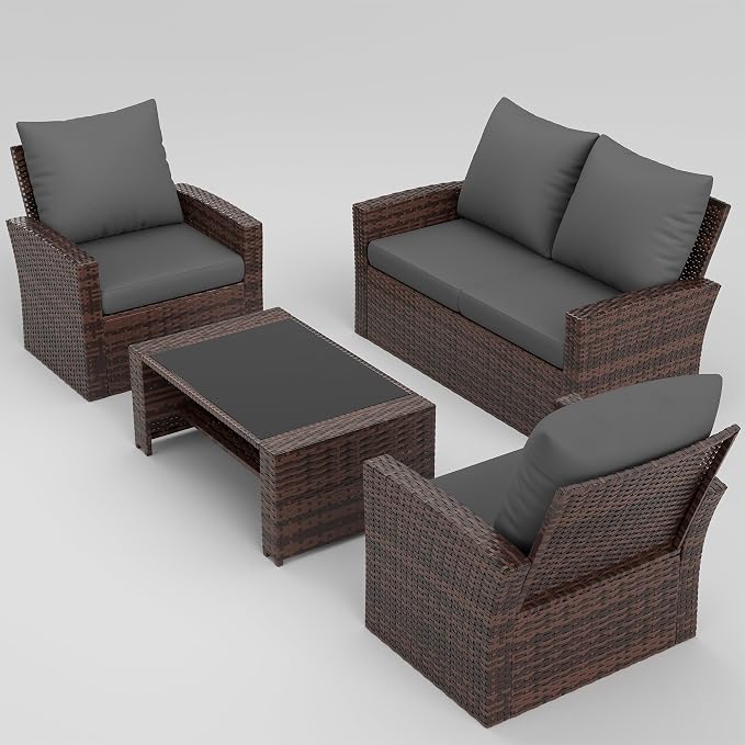 UDPATIO Patio Furniture Set, Outdoor Furniture Sets with Loveseats Sofa, Wicker Rattan Outdoor Conversation Set with Storage CoffeeTable for Backyard, Deck, Porch, Brown/Grey
