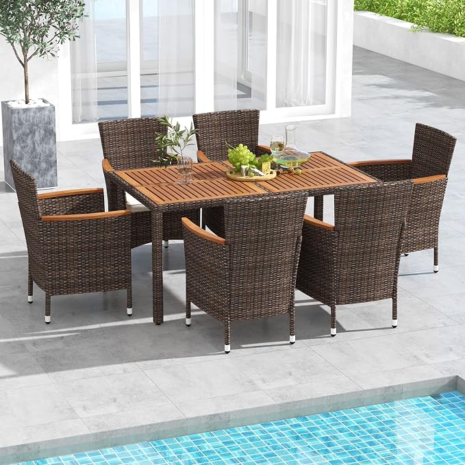 7 Pieces Patio Wicker Dining Set Outdoor Dining Set, Patio Furniture Set with Acacia Wood Table and Chairs, Garden Dining Table Set for Desk, Poolside, Backyard (Brown)