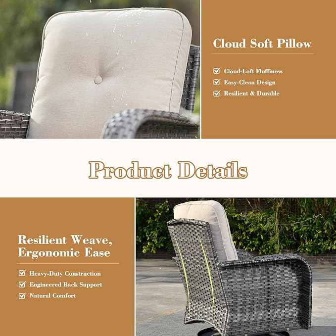 5 Pieces Patio Furniture Set, All Weather Rattan Patio Conversation Sets with Swivel Rocking Chairs, Coffee Table, High Back Outdoor Furniture Loveseat for Porch, Backyard,Beige