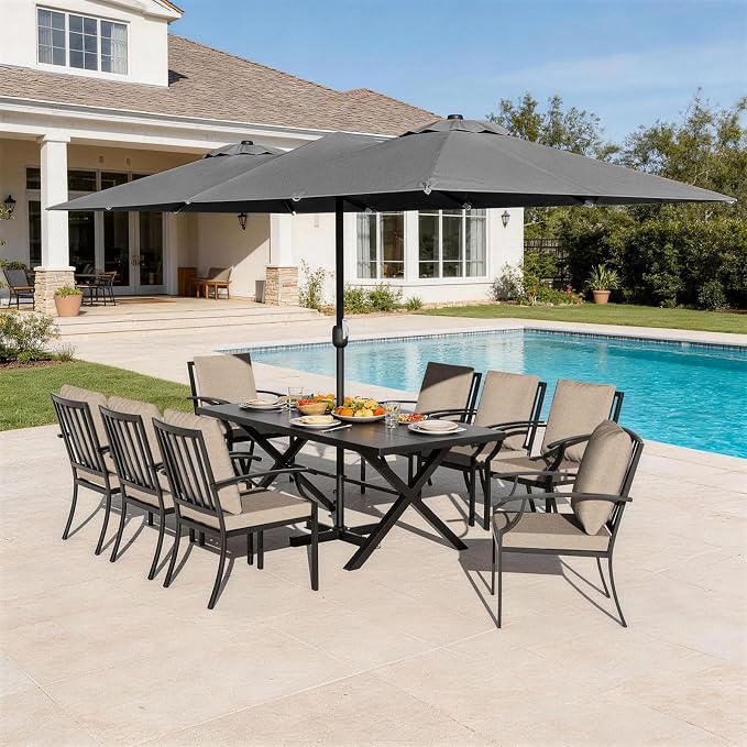 10 Pieces Patio Dining Set,Metal Outdoor Furniture Set Includes 13.6FT Grey Umbrella,Hole Cut-Out 78.7" x 35.4" Table and 8 Metal Backrest Chairs for Backyard,Garden,Sand