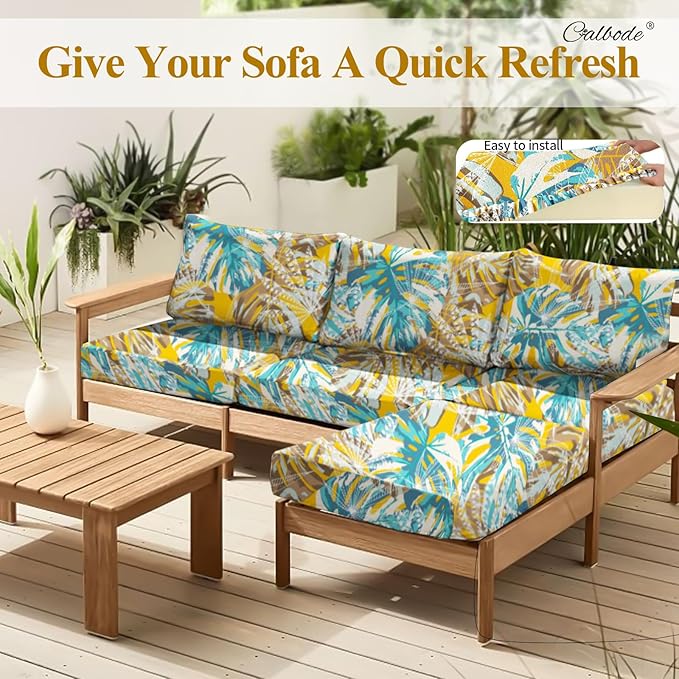 CALBODE 14pcs Outdoor Tropical Plant Printed Sofa Seat Cushion Covers Strechable, Dustproof Elastic Half-Covered Sofa Covers Washable Reusable Patio Furniture Protector(Blue and Yellow, Cover Only)