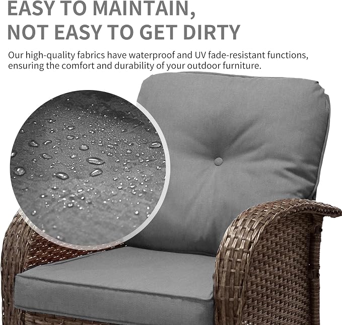 Outdoor Swivel Rocker Patio Chairs (Brown Wicker/Grey Cushion, 7PC/Sofa & Swivel &2 Table & Ottomans)
