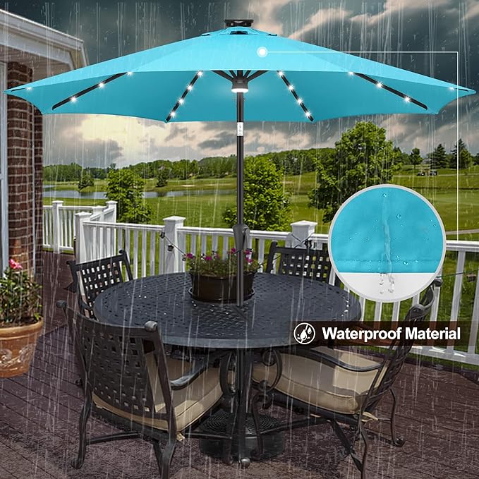 FLAME&SHADE 9 FT outdoor umbrella with 40LED lights, solar light patio umbrella with Centre Surround Light, Table Market Umbrella Outdoor Patiofor Deck, Pool, Backyard, Garden (Aqua Blue)
