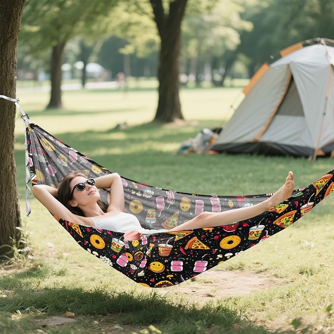 Camping Hammock Outdoor Hammocks for Outside Pizza Popcorn Beverages Beach Trees Portable Lightweight with Pockets Tree Straps Indoor