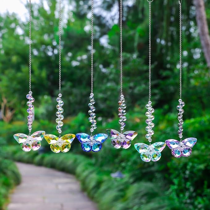 6pcs Crystal Butterfly Suncatchers Hanging Ornaments, Rainbow Maker Sun Catchers Indoor Window Outdoor Patio Garden Decor Gifts