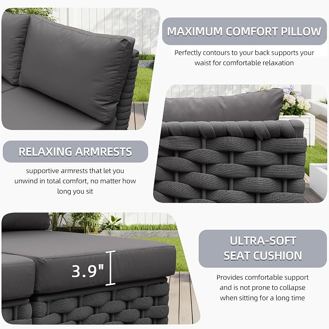 TWT 3 Piece Outdoor Patio Furniture Set, Rope Weave Patio Conversation Sofa with Water Repellent Cushions & Coffee Table,for Backyard Garden Porch Poolside,Dark Grey