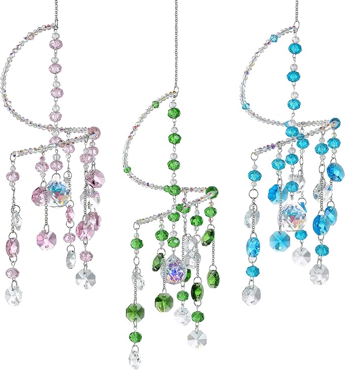 3 Pcs Crystal Suncatchers Wind Chimes, Spiral Sun Catchers Indoor Window | Crystal Wind Chimes Boho Healing Hanging Crystals for Home Garden Wedding Decoration(Pink,Green,Blue)