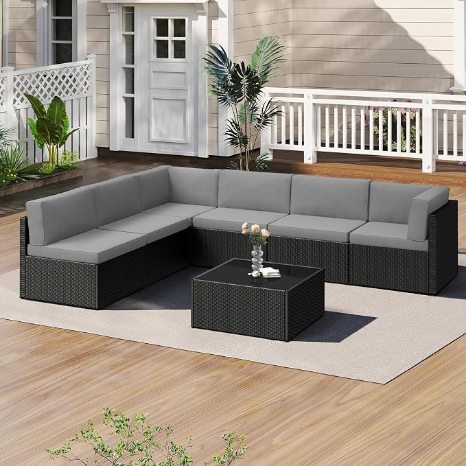 U-MAX 7 Piece Outdoor Patio Furniture Set, PE Rattan Outdoor Wicker Sectional Furniture Chair Set with Cushions and Tea Table, Black Rattan and Dark Grey Cushion