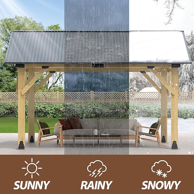 11' x 13' Wood Gazebo, Outdoor Cedar Wood Hardtop Gazebo with Galvanized Steel Roof, Wooden Frame Gazebos for Backyard, Patio, Deck