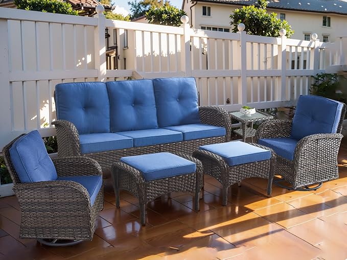 HUMMUH 6-Piece Patio Furniture PE Wicker Outdoor Conversation Set,All-Weather Rattan Swivel Rocker Chairs Outdoor Couch Ottomans for Backyard,Poolside,Deck