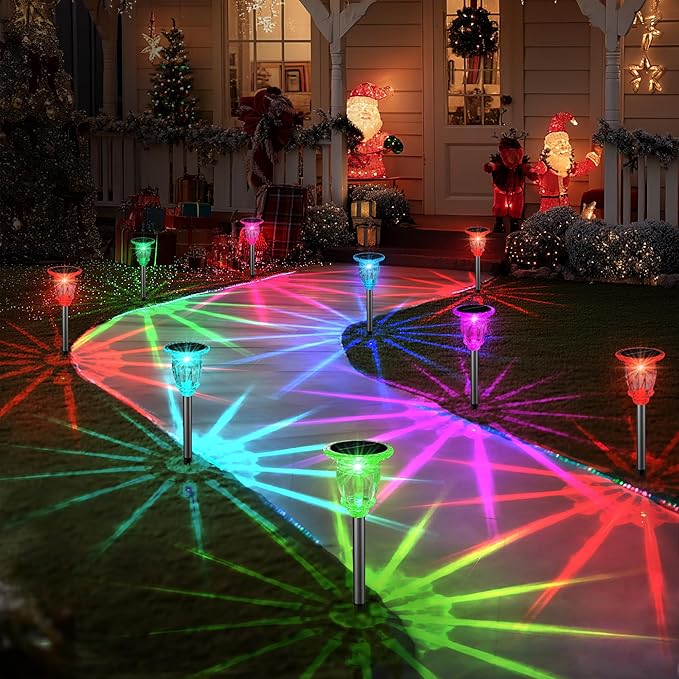 Solar Pathway Lights Outdoor 4 Pack, 10 Modes RGB Color Changing & White Solar Garden Lights, 17.5" IP65 Waterproof Glass Stainless Steel Solar Powered Landscape Lights for Yard Walkway Driveway Patio