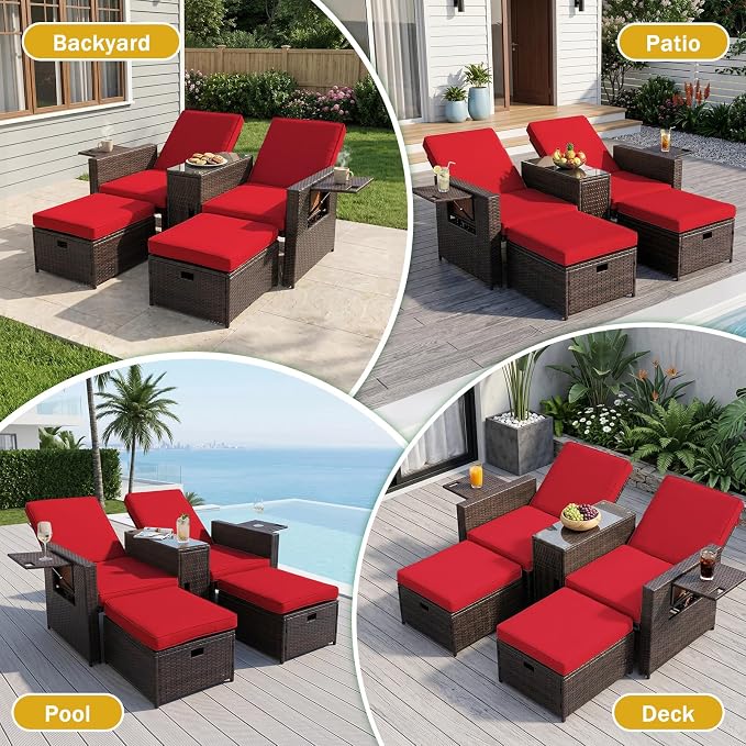 LVUYOYO 5 Piece Patio Furniture Set, Patio Wicker Conversation Set with Ottoman, Outdoor Chaise Lounge Chair with Side Table & Adjustable Backrest for Pool Backyard Garden (Brown Wicker Red Cushion)