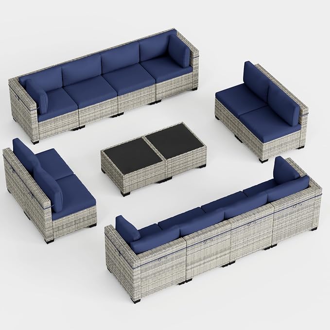 14-Piece Outdoor Patio Furniture Set, PE Wicker Rattan Sectional Sofa Conversation Set with Tempered Glass Table & Thick Cushions - All-Weather Garden, Backyard Furniture, Navy Blue
