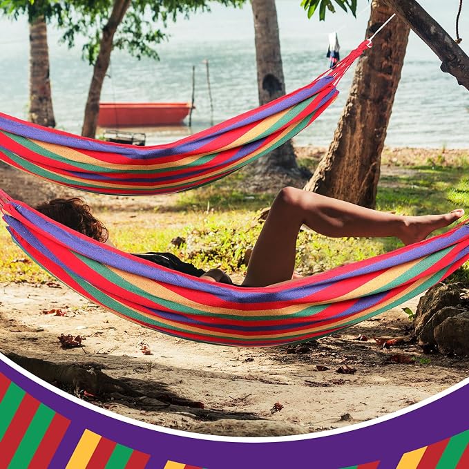 Windyun 2 Sets Cotton Canvas Hammock Large Double Hammock 400lbs Portable Camping Hammocks for Outside with Carrying Bag Sturdy Metal Knot Ropes and Tree Straps for Travel Patio Garden Backyard (Red)