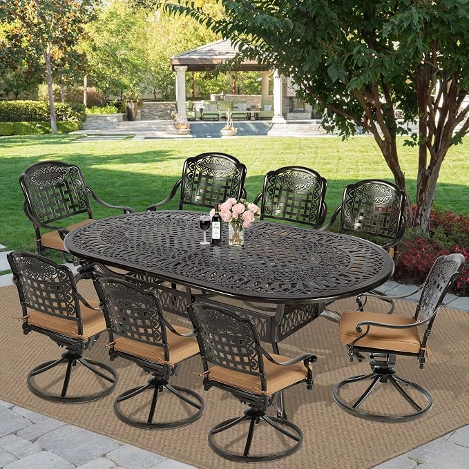MEETWARM 9-Piece Outdoor Patio Dining Set, All-Weather Cast Aluminum Patio Conversation Set with 8 Cushioned Swivel Rocker Chairs for Backyard Garden Deck, 1 Oval Table, 2" Umbrella Hole
