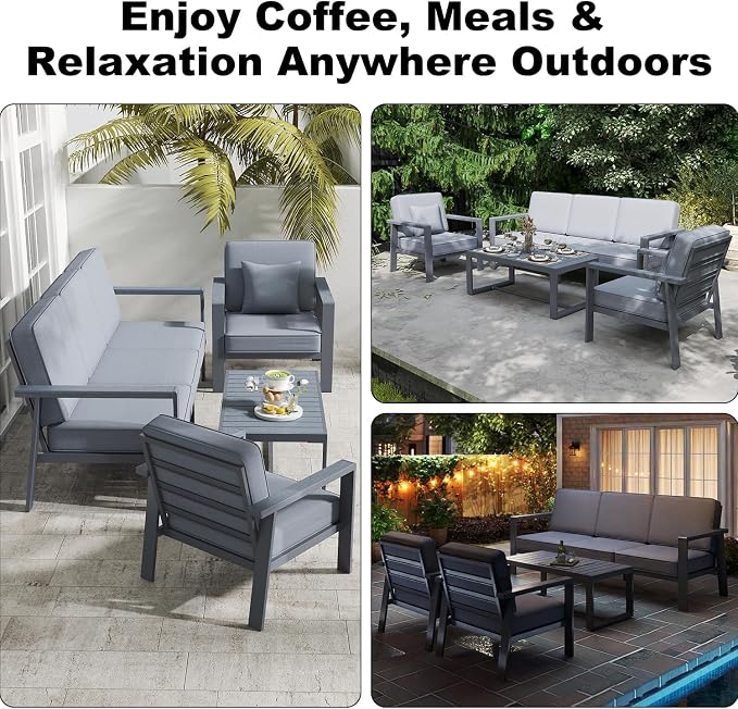 Premium Aluminum Patio Furniture Set 4 Piece,Outdoor Conversation Set with Wide Armrest,5" Thick Cushions, Olefin Fabric,Rustproof Metal Frame,Deep Seating Patio Sofa Set for Backyard,Deck,villa,Gray
