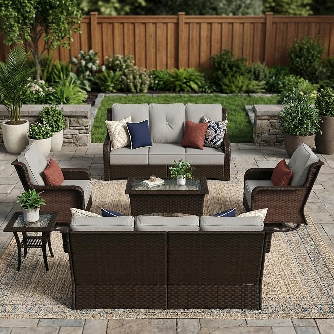 Sundale Outdoor 6 Piece Wicker Patio Furniture Set, High Back Outdoor Couch with Swivel Chairs & Coffee Table, 6" Thick Cushion Patio Conversation Sets with Deep Seating for Yard, Deck (Grey)