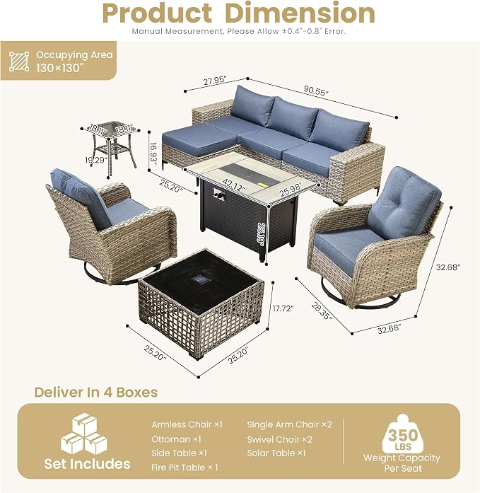 HOOOWOOO 9 Pieces Patio Furniture Set,L Shaped Outdoor Sectional Couch with Fire Pit Table, Pe Wicker All Weather Outside Conversation Sofa Swivel Chiars Solar Table Ottoman Set,Denim Blue