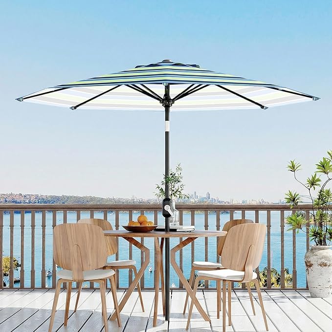 GarveeLife 10FT Patio Umbrella Outdoor, Table Umbrella with Push Button Tilt and Crank, 8 Sturdy Ribs UV Protection Waterproof for Garden, Pool, Market, Deck (Yellow Blue & Purple Stripe)