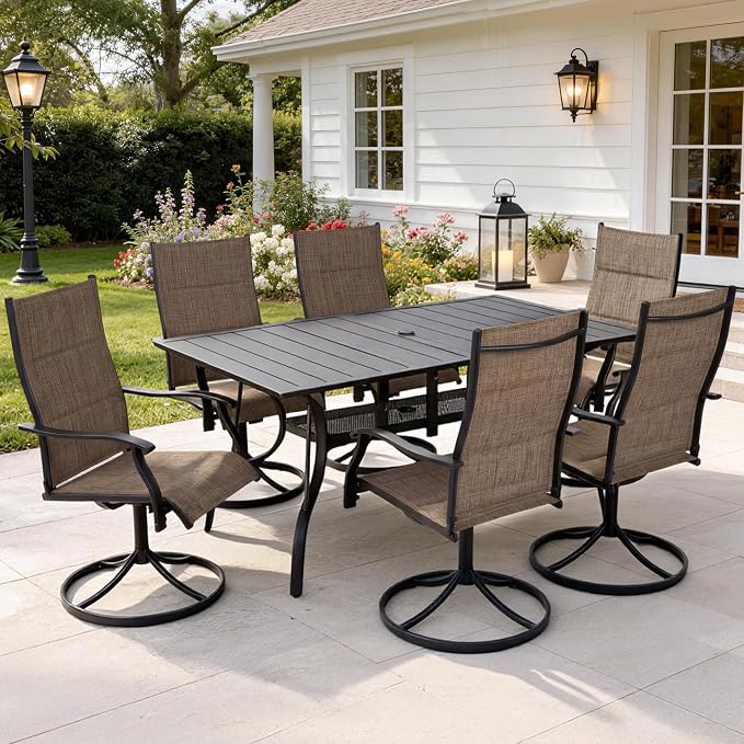 Patio Swivel Rocker Chairs Set of 8,Outdoor Dining Chairs High Back,15° Gentle Rocking Patio Chair with Padded Textilene, Metal Frame for Poolside Lawn Garden,Brown(8 PCS)